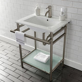 Sheridan 24-Inch Ceramic Console Sink with Stainless Steel Legs and Glass Shelf (1-Hole)
