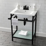 Sheridan 24-Inch Ceramic Console Sink with Stainless Steel Legs and Glass Shelf (4-Inch, 3-Hole)