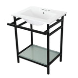 Sheridan 24-Inch Ceramic Console Sink with Stainless Steel Legs and Glass Shelf (4-Inch, 3-Hole)