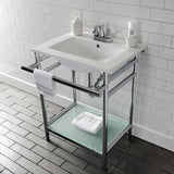 Sheridan 24-Inch Ceramic Console Sink with Stainless Steel Legs and Glass Shelf (4-Inch, 3-Hole)