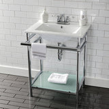 Sheridan 24-Inch Ceramic Console Sink with Stainless Steel Legs and Glass Shelf (4-Inch, 3-Hole)