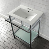 Sheridan 24-Inch Ceramic Console Sink with Stainless Steel Legs and Glass Shelf (4-Inch, 3-Hole)