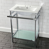 Sheridan 24-Inch Ceramic Console Sink with Stainless Steel Legs and Glass Shelf (4-Inch, 3-Hole)