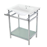 Sheridan 24-Inch Ceramic Console Sink with Stainless Steel Legs and Glass Shelf (4-Inch, 3-Hole)