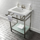 Sheridan 24-Inch Ceramic Console Sink with Stainless Steel Legs and Glass Shelf (4-Inch, 3-Hole)
