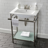 Sheridan 24-Inch Ceramic Console Sink with Stainless Steel Legs and Glass Shelf (4-Inch, 3-Hole)