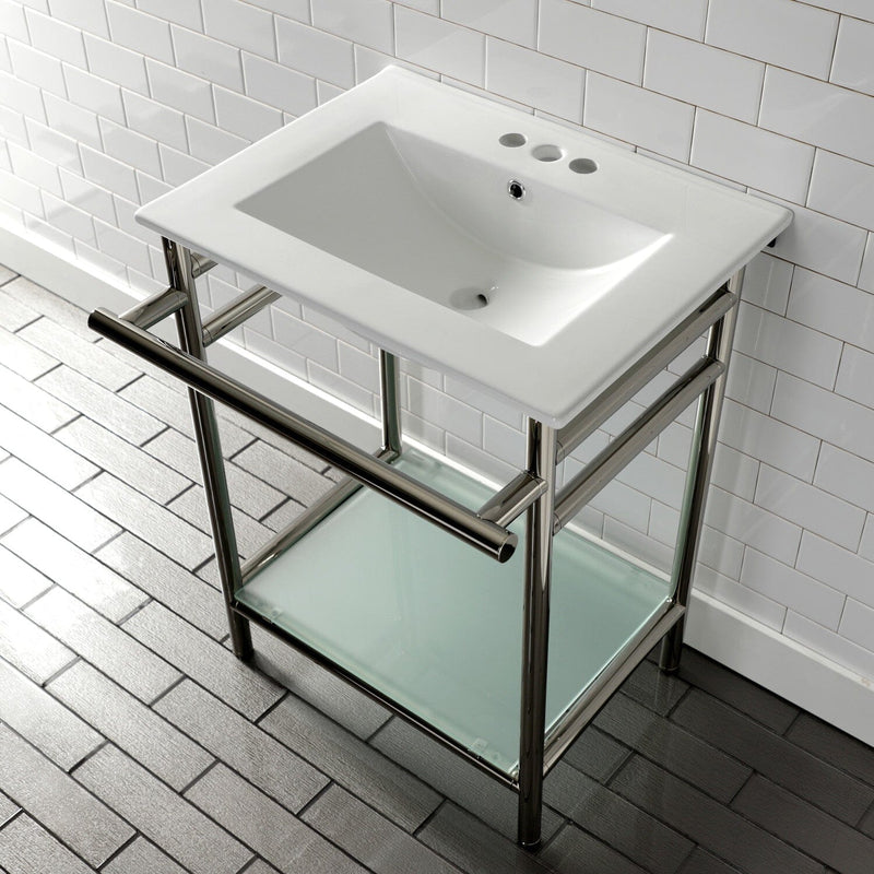Sheridan 24-Inch Ceramic Console Sink with Stainless Steel Legs and Glass Shelf (4-Inch, 3-Hole)