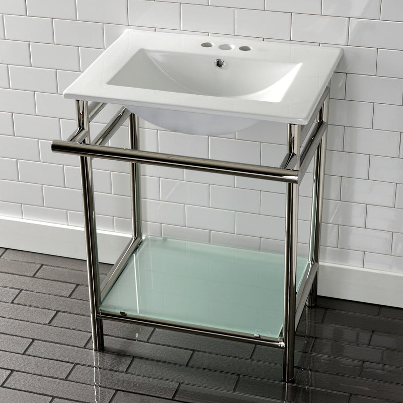 Sheridan 24-Inch Ceramic Console Sink with Stainless Steel Legs and Glass Shelf (4-Inch, 3-Hole)