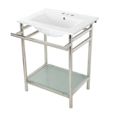 Sheridan 24-Inch Ceramic Console Sink with Stainless Steel Legs and Glass Shelf (4-Inch, 3-Hole)