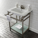Sheridan 24-Inch Ceramic Console Sink with Stainless Steel Legs and Glass Shelf (4-Inch, 3-Hole)