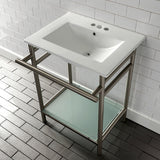 Sheridan 24-Inch Ceramic Console Sink with Stainless Steel Legs and Glass Shelf (4-Inch, 3-Hole)