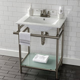 Sheridan 24-Inch Ceramic Console Sink with Stainless Steel Legs and Glass Shelf (4-Inch, 3-Hole)