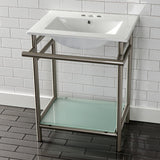 Sheridan 24-Inch Ceramic Console Sink with Stainless Steel Legs and Glass Shelf (4-Inch, 3-Hole)