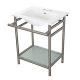 Sheridan 24-Inch Ceramic Console Sink with Stainless Steel Legs and Glass Shelf (4-Inch, 3-Hole)