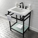 Sheridan 24-Inch Ceramic Console Sink with Stainless Steel Legs and Glass Shelf (8-Inch, 3-Hole)