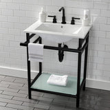 Sheridan 24-Inch Ceramic Console Sink with Stainless Steel Legs and Glass Shelf (8-Inch, 3-Hole)