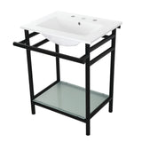 Sheridan 24-Inch Ceramic Console Sink with Stainless Steel Legs and Glass Shelf (8-Inch, 3-Hole)