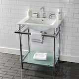 Sheridan 24-Inch Ceramic Console Sink with Stainless Steel Legs and Glass Shelf (8-Inch, 3-Hole)