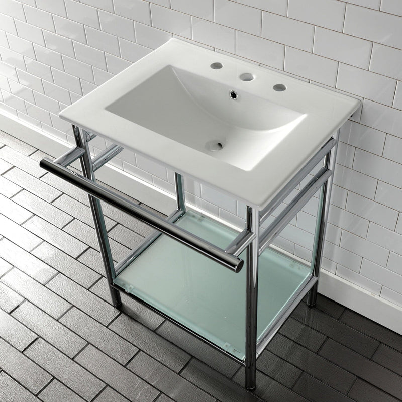 Sheridan 24-Inch Ceramic Console Sink with Stainless Steel Legs and Glass Shelf (8-Inch, 3-Hole)
