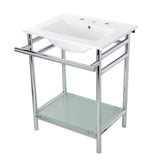 Sheridan 24-Inch Ceramic Console Sink with Stainless Steel Legs and Glass Shelf (8-Inch, 3-Hole)