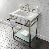 Sheridan 24-Inch Ceramic Console Sink with Stainless Steel Legs and Glass Shelf (8-Inch, 3-Hole)