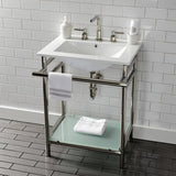 Sheridan 24-Inch Ceramic Console Sink with Stainless Steel Legs and Glass Shelf (8-Inch, 3-Hole)