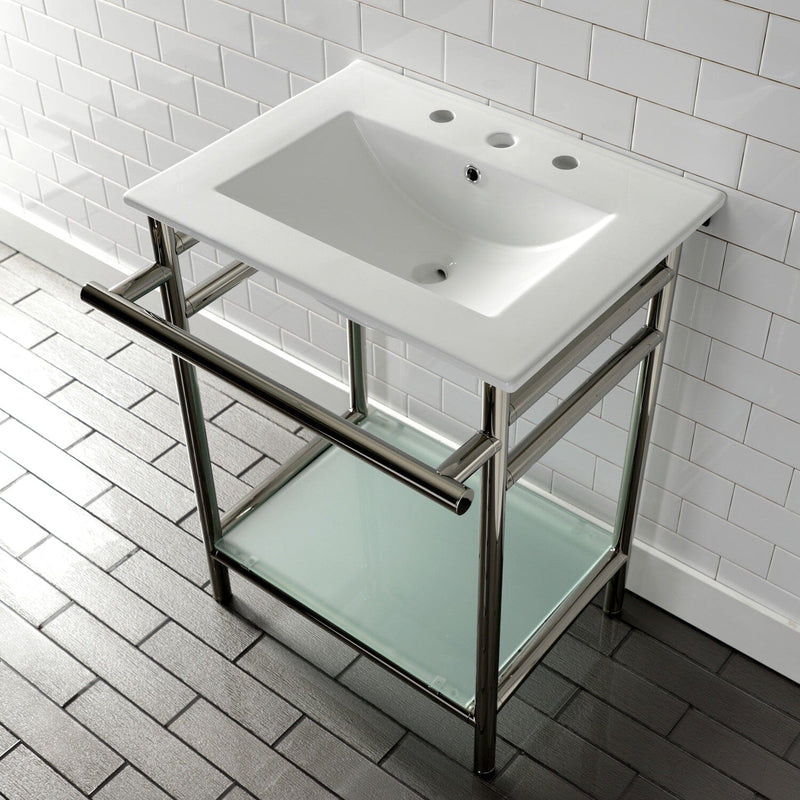 Sheridan 24-Inch Ceramic Console Sink with Stainless Steel Legs and Glass Shelf (8-Inch, 3-Hole)