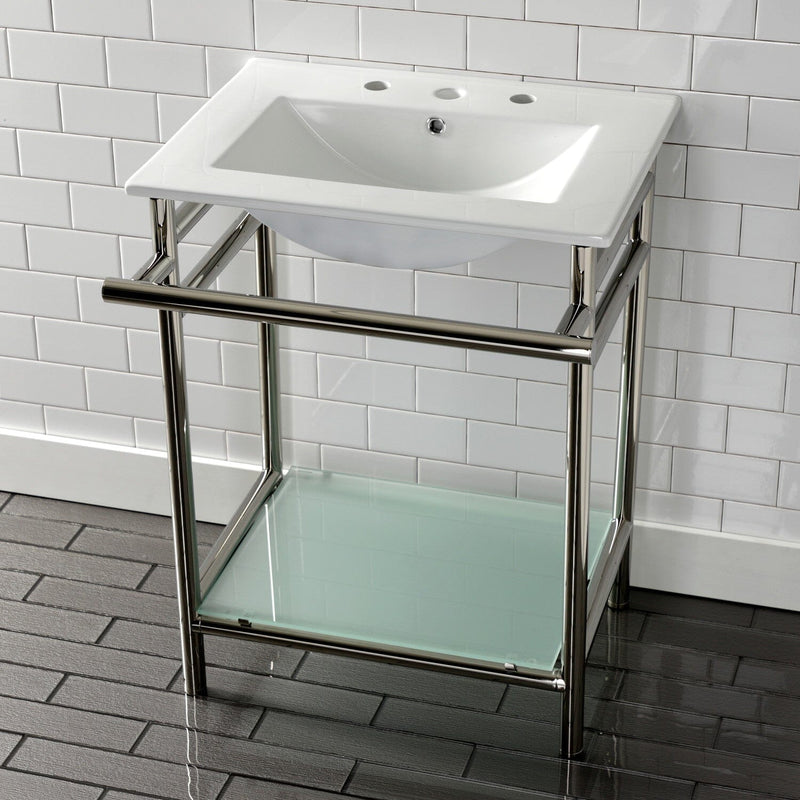 Sheridan 24-Inch Ceramic Console Sink with Stainless Steel Legs and Glass Shelf (8-Inch, 3-Hole)