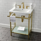 Sheridan 24-Inch Ceramic Console Sink with Stainless Steel Legs and Glass Shelf (8-Inch, 3-Hole)