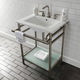 Sheridan 24-Inch Ceramic Console Sink with Stainless Steel Legs and Glass Shelf (8-Inch, 3-Hole)