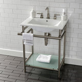 Sheridan 24-Inch Ceramic Console Sink with Stainless Steel Legs and Glass Shelf (8-Inch, 3-Hole)