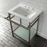 Sheridan 24-Inch Ceramic Console Sink with Stainless Steel Legs and Glass Shelf (8-Inch, 3-Hole)