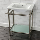 Sheridan 24-Inch Ceramic Console Sink with Stainless Steel Legs and Glass Shelf (8-Inch, 3-Hole)