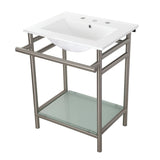 Sheridan 24-Inch Ceramic Console Sink with Stainless Steel Legs and Glass Shelf (8-Inch, 3-Hole)