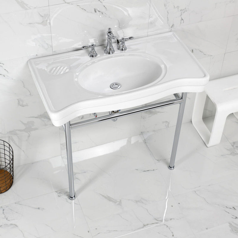 Bristol 36-Inch Ceramic Console Sink with Stainless Steel Legs (8-Inch, 3-Hole)