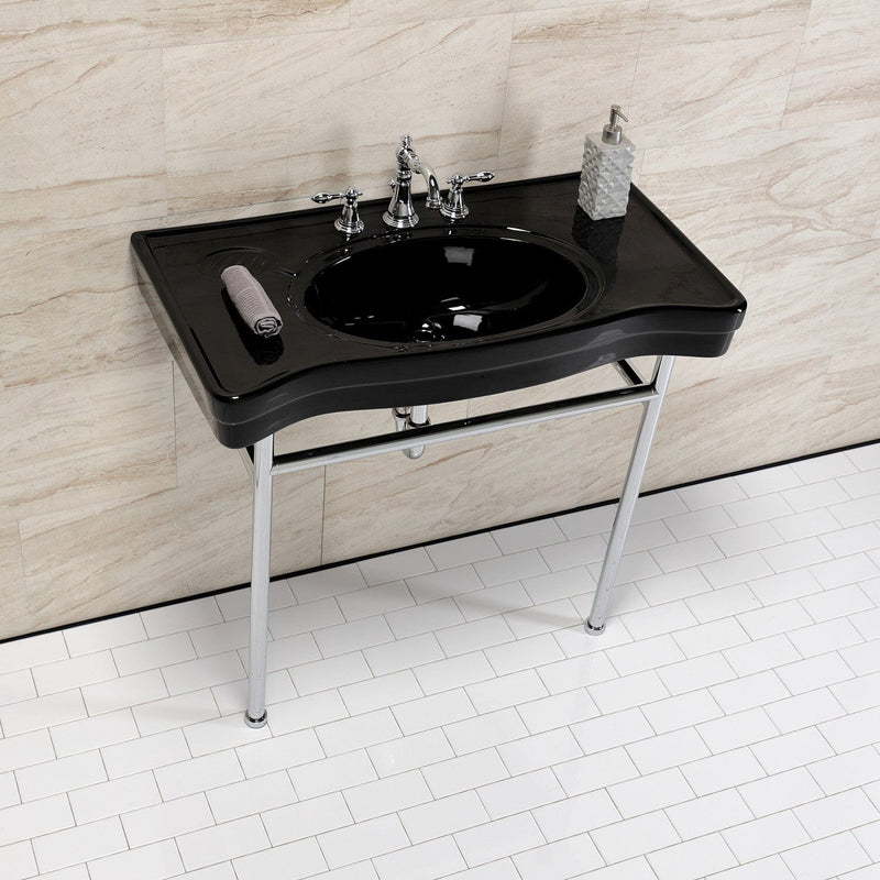 Bristol 36-Inch Ceramic Console Sink with Stainless Steel Legs (8-Inch, 3-Hole)