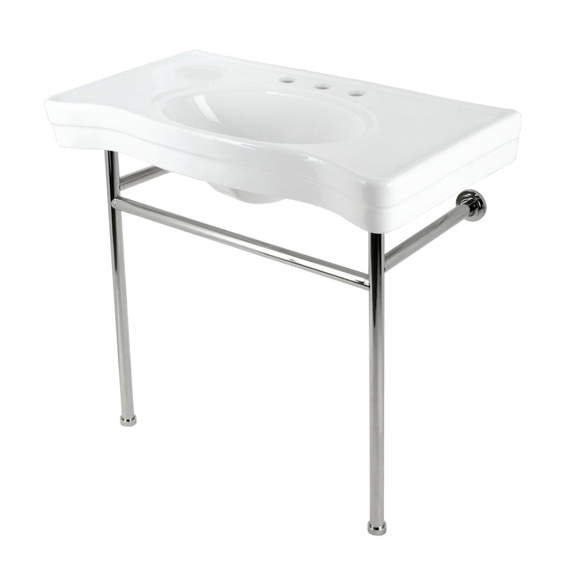 Bristol 36-Inch Ceramic Console Sink with Stainless Steel Legs (8-Inch, 3-Hole)