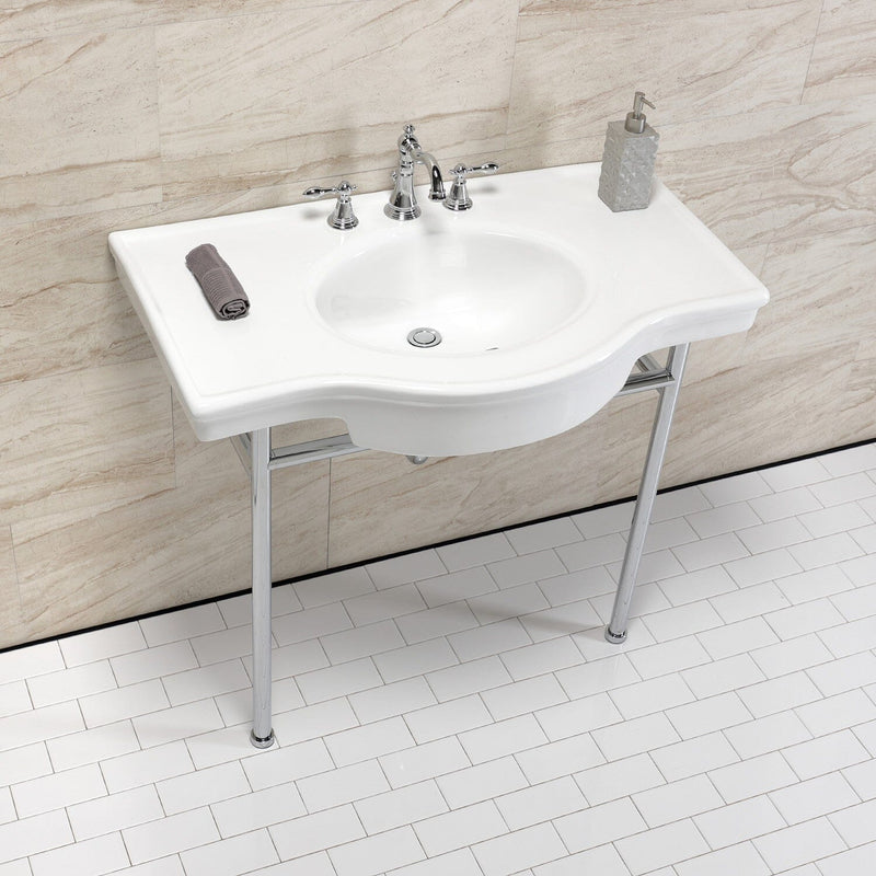 Manchester 37-Inch Ceramic Console Sink with Stainless Steel Legs (8-Inch, 3-Hole)