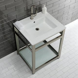 Quadras 25-Inch Ceramic Console Sink with Steel Base and Glass Shelf (1-Hole)