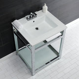 Quadras 25-Inch Ceramic Console Sink with Steel Base and Glass Shelf (4-Inch, 3-Hole)