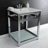 Quadras 25-Inch Ceramic Console Sink with Steel Base and Glass Shelf (4-Inch, 3-Hole)
