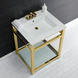Quadras 25-Inch Ceramic Console Sink with Steel Base and Glass Shelf (4-Inch, 3-Hole)