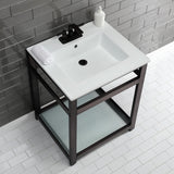 Quadras 25-Inch Ceramic Console Sink with Steel Base and Glass Shelf (4-Inch, 3-Hole)
