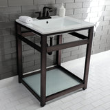 Quadras 25-Inch Ceramic Console Sink with Steel Base and Glass Shelf (4-Inch, 3-Hole)