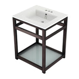 Quadras 25-Inch Ceramic Console Sink with Steel Base and Glass Shelf (4-Inch, 3-Hole)