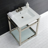 Quadras 25-Inch Ceramic Console Sink with Steel Base and Glass Shelf (4-Inch, 3-Hole)