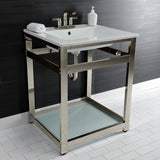 Quadras 25-Inch Ceramic Console Sink with Steel Base and Glass Shelf (4-Inch, 3-Hole)
