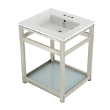 Quadras 25-Inch Ceramic Console Sink with Steel Base and Glass Shelf (4-Inch, 3-Hole)