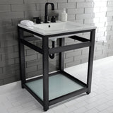 Quadras 25-Inch Ceramic Console Sink with Steel Base and Glass Shelf (8-Inch, 3-Hole)