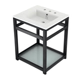 Quadras 25-Inch Ceramic Console Sink with Steel Base and Glass Shelf (8-Inch, 3-Hole)